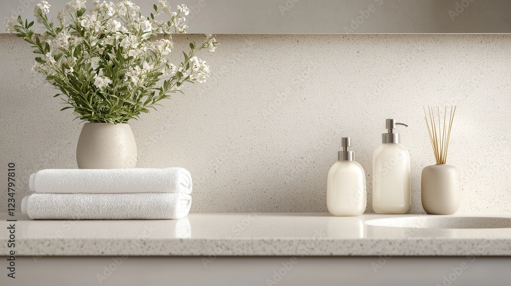 A bathroom counter with a vase of flowers, a bottle of lotion A bathroom counter with a vase of flowers, a bottle of lotion
