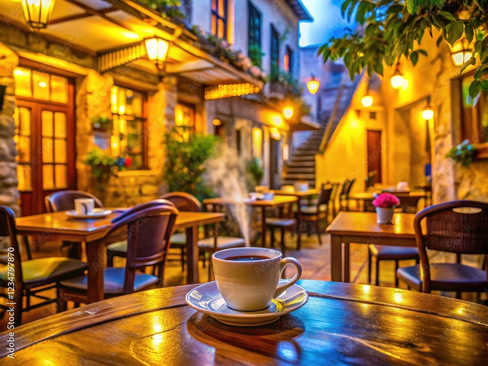 Indulge in delicious Greek coffee's warmth; a traditional cafe's cozy ambiance captured in low-light photography. Indulge in delicious Greek coffee's warmth; a traditional cafe's cozy ambiance captured in low-light photography.