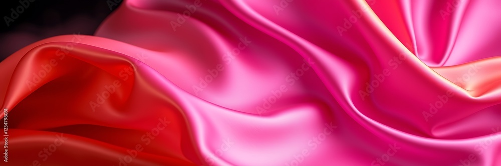 Obraz premium Silk satin fabric in electric vivid colors with a soft focus and hazy background. Soft wavy folds are showcased in a panoramic wide banner against a dark elegant background