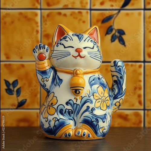 Wallpaper Mural A charming ceramic cat figurine with a raised paw sits in a bright kitchen. It's adorned with intricate floral patterns, complementing the vibrant tile backdrop Torontodigital.ca