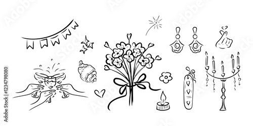 Wedding clipart, Doodle Wedding set, bouquet of flowers, chandelier, candle, shell, heart, earrings, korean love gesture, flower, drinking glasses, wine glasses 