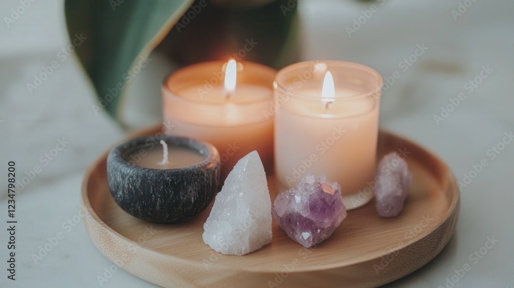 A wooden tray with candles and crystals on it A wooden tray with candles and crystals on it