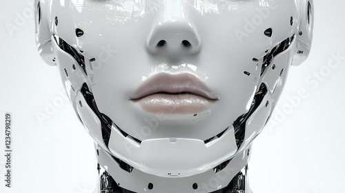 Humanoid robot head with shiny exterior, reaic facial features, and intricate mechanical details, designed for modern technological aesthetics and futuristic applications.