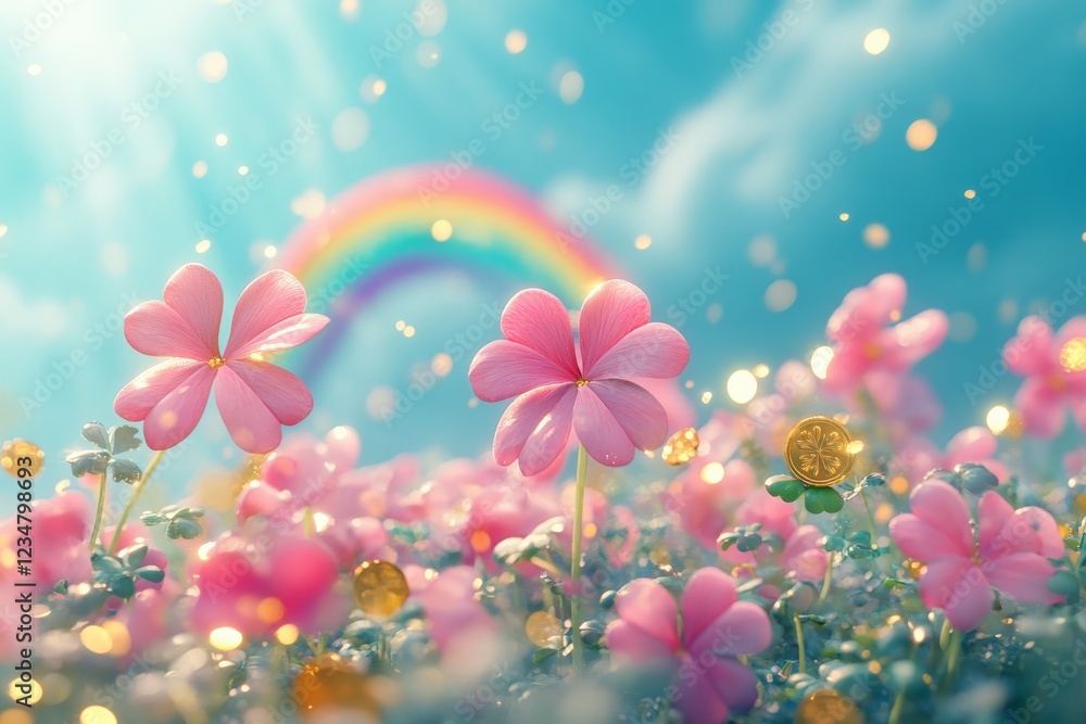 Vibrant spring meadow with pink flowers and a rainbow under sunny skies Vibrant spring meadow with pink flowers and a rainbow under sunny skies