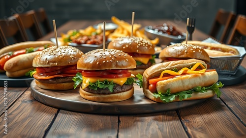 Delicious Burgers and Hot Dogs Flat Lay - Food Photography