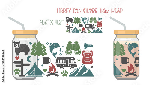 Composition of inscriptions and pictures on the theme of hiking and outdoor recreation. Printable Full wrap for libby class can with mock up photo