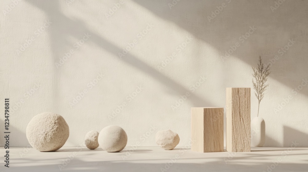 Obraz premium Minimalist beige studio scene with stone spheres, wooden blocks, and a plant in a vase.