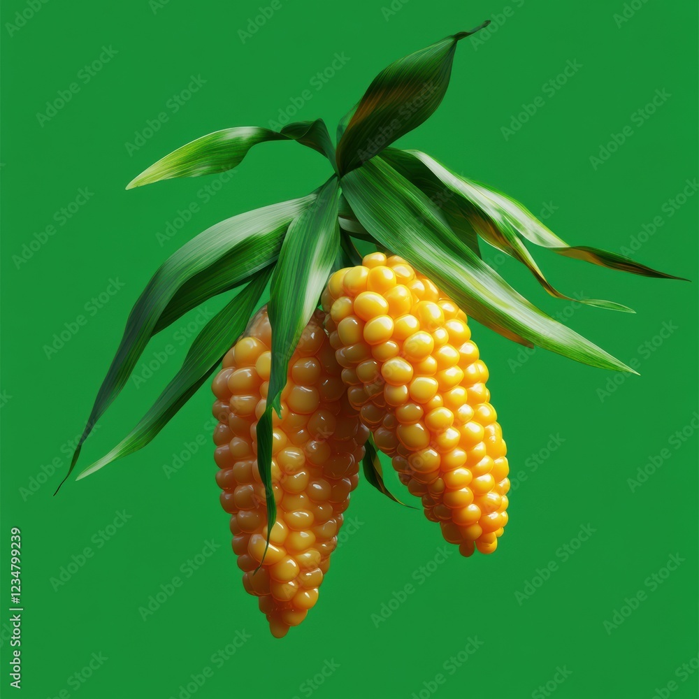 Obraz premium Three ripe ears of corn are suspended, showcasing their golden kernels and lush green husks, creating a striking contrast with the bright green background