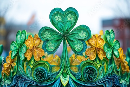 Colorful shamrock decorations celebrate spring during a community festival in a vibrant downtown area photo