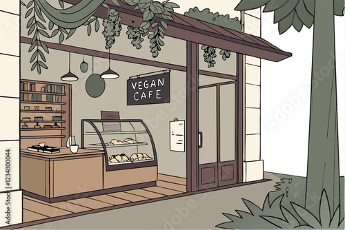  Vegan cafe storefront, lush green foliage, hanging plants, chalkboard menu, wooden counter, glass display case, cozy atmosphere, urban setting, natural light, eco-friendly design, street view, art