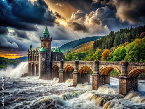 Lake Vyrnwy's stormy landscape: a haunting blend of dramatic nature and urban decay, perfectly captured. photo