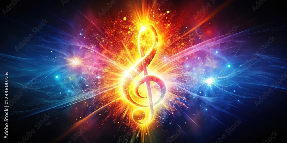 Fototapeta premium A Glowing Treble Clef Symbol Explodes With Vibrant Energy, Surrounded by Sparkling Dust and Bright Light Streaks
