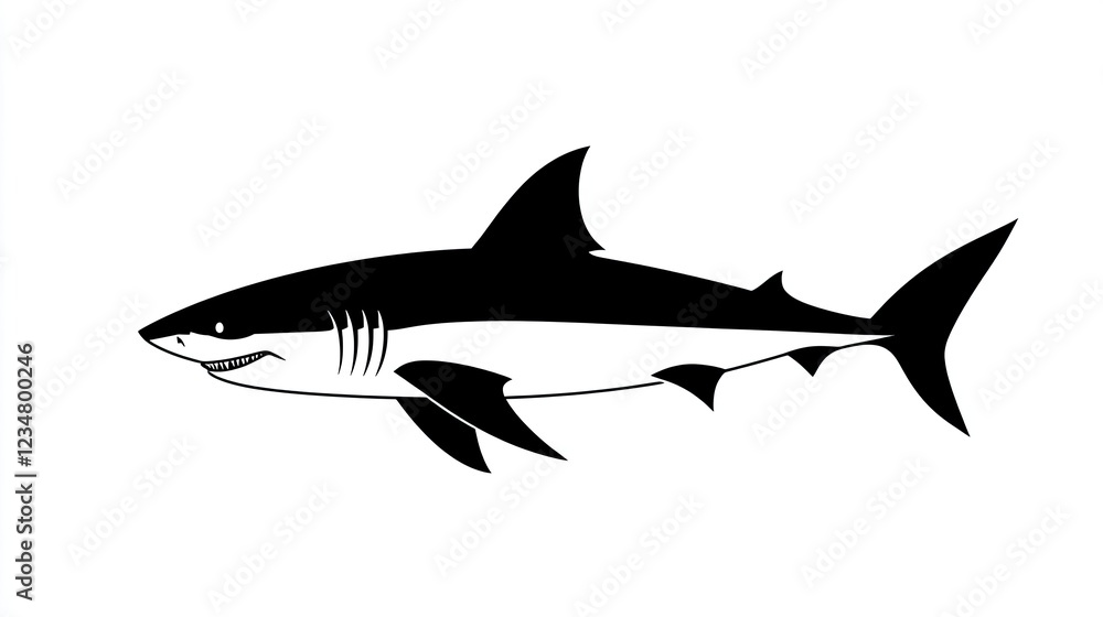 Naklejka premium Black and white illustration of a shark, side profile, isolated on white background.