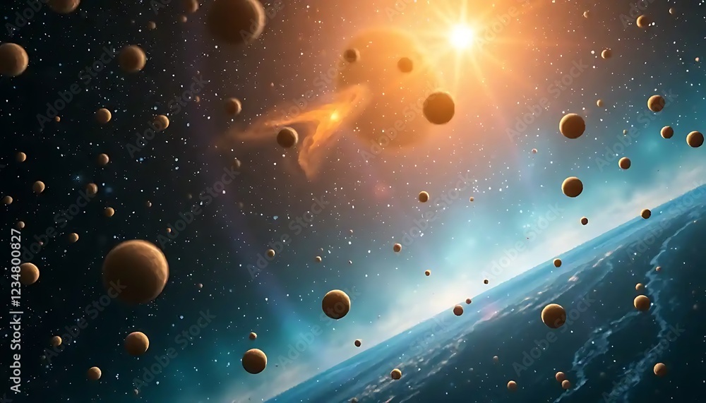 Obraz premium Celestial Bodies Orbiting A Bright Star In Space