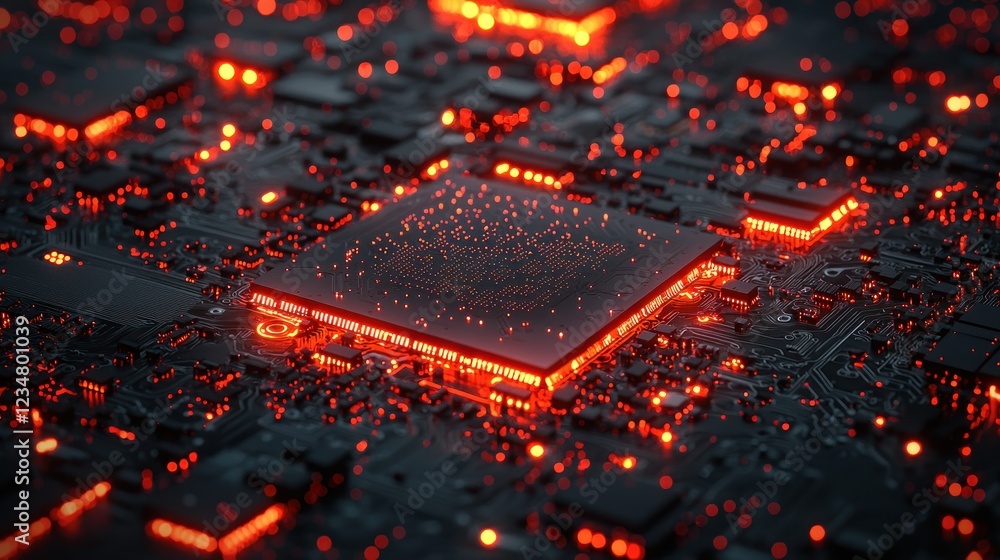 Glowing CPU on Circuit Board with Red Lights Glowing CPU on Circuit Board with Red Lights