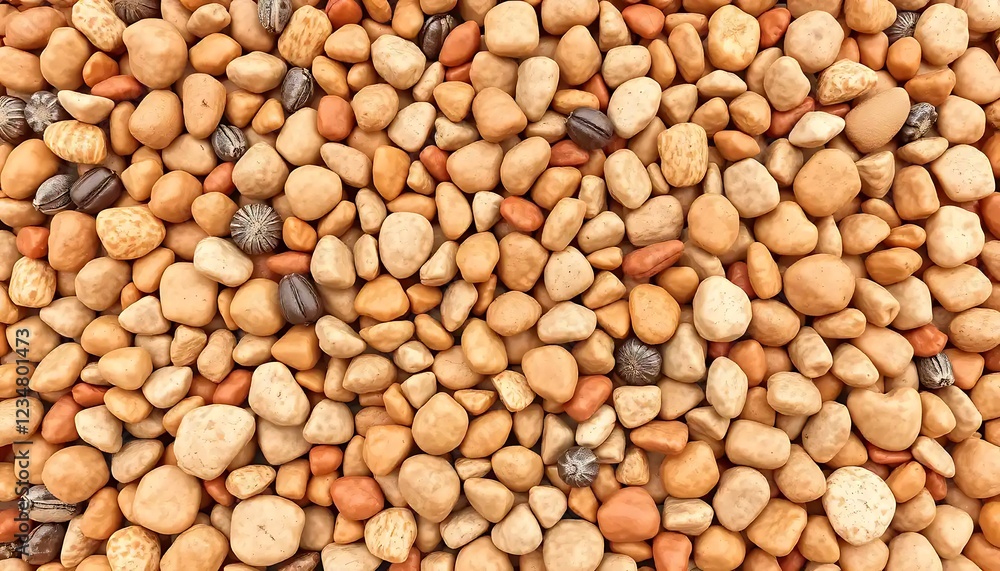 Smooth stones and seeds create a textured background Smooth stones and seeds create a textured background