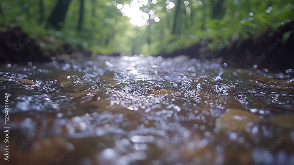 Fototapeta premium Forest Brook, Rippling Water, Sunlight, Lush Trees