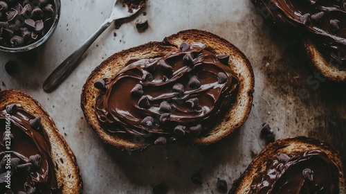 Top view of toast slathered with rich chocolate spread on a rustic surface, ready for a cozy breakfast. photo