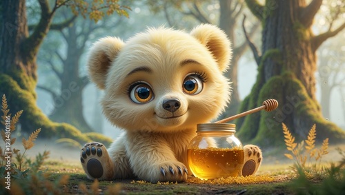 Cute cartoon baby bear holding a jar of honey in a magical forest