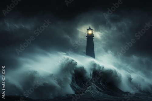 Stormy waves crash against a lighthouse during a dark and ominous night