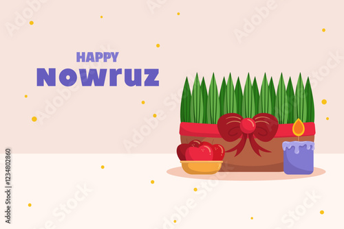 Vector design of Iranian Nowruz with greens, apples, and candles on a minimal background.