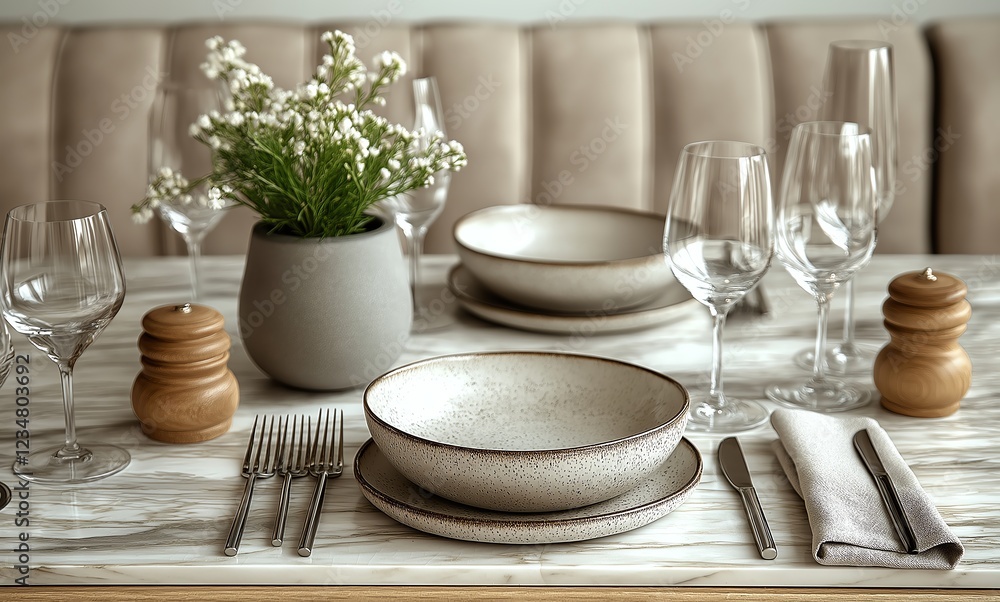 Elegant dining table set with glassware, fine crockery, and floral centerpiece on a wooden surface, ready for a gourmet meal. Elegant dining table set with glassware, fine crockery, and floral centerpiece on a wooden surface, ready for a gourmet meal.