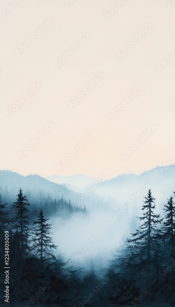 Fototapeta premium Misty mountain landscape with evergreen trees silhouetted against a pale sky.