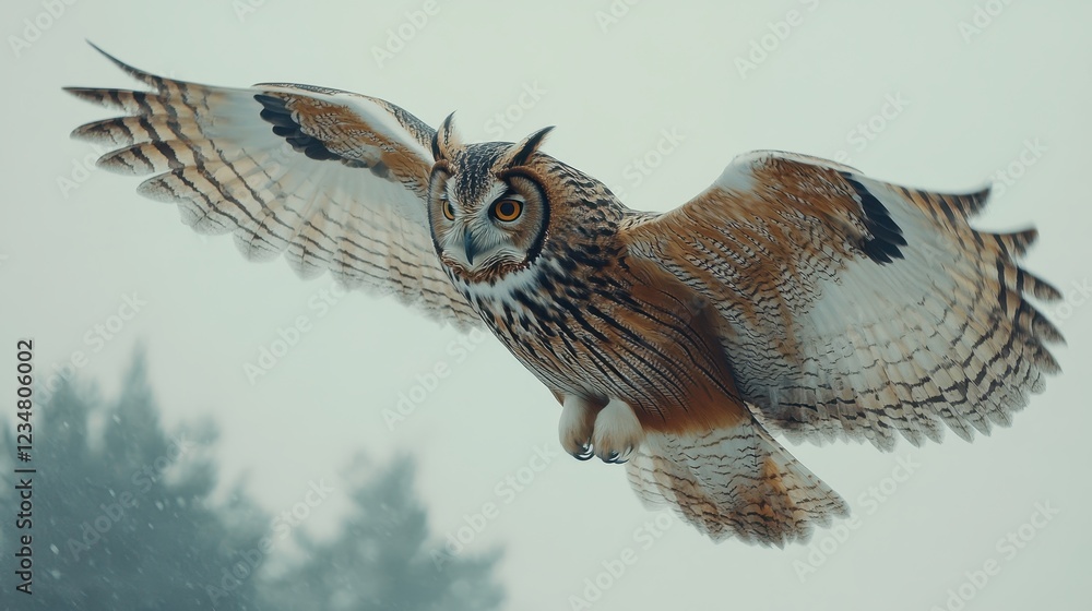 Fototapeta premium Majestic Owl in Flight Against a Soft Winter Skyline Background