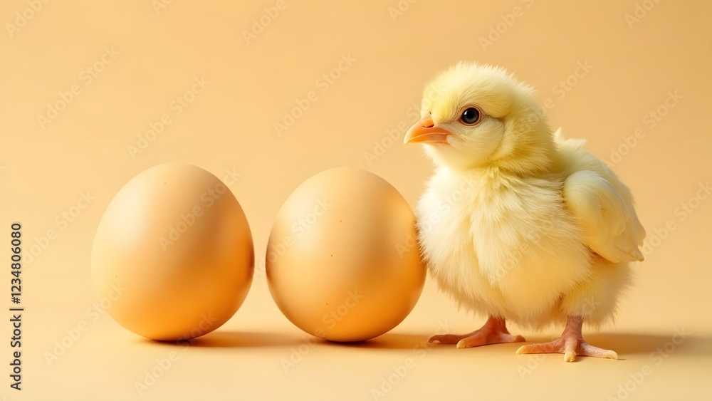 Fluffy yellow chicken and eggs on a beige background Fluffy yellow chicken and eggs on a beige background