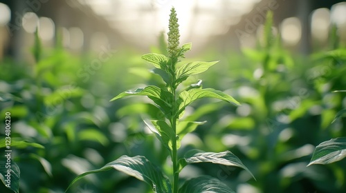 Greenhouse plant, detailed view, sunlight, blurred background photo