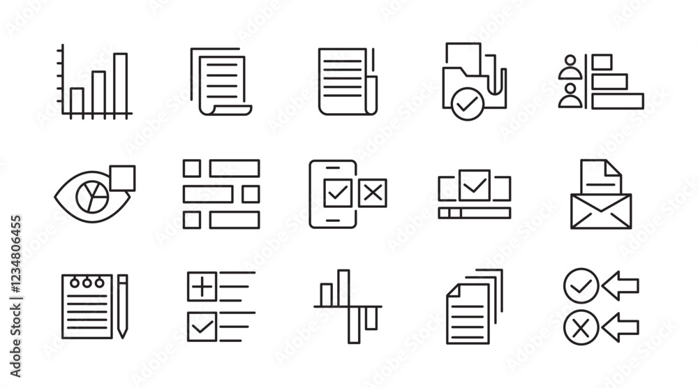 Survey line icon set. Audit, analysis, plan, evaluation, quality process, result, feedback, exam, document, business management data, inspection, statistic line icon set. UI thin line icon pack. Survey line icon set. Audit, analysis, plan, evaluation, quality process, result, feedback, exam, document, business management data, inspection, statistic line icon set. UI thin line icon pack.