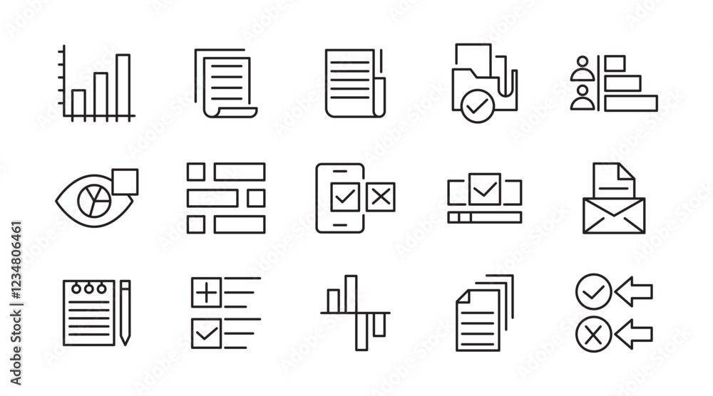 Survey line icon set. Audit, analysis, plan, evaluation, quality process, result, feedback, exam, document, business management data, inspection, statistic line icon set. UI thin line icon pack. Survey line icon set. Audit, analysis, plan, evaluation, quality process, result, feedback, exam, document, business management data, inspection, statistic line icon set. UI thin line icon pack.