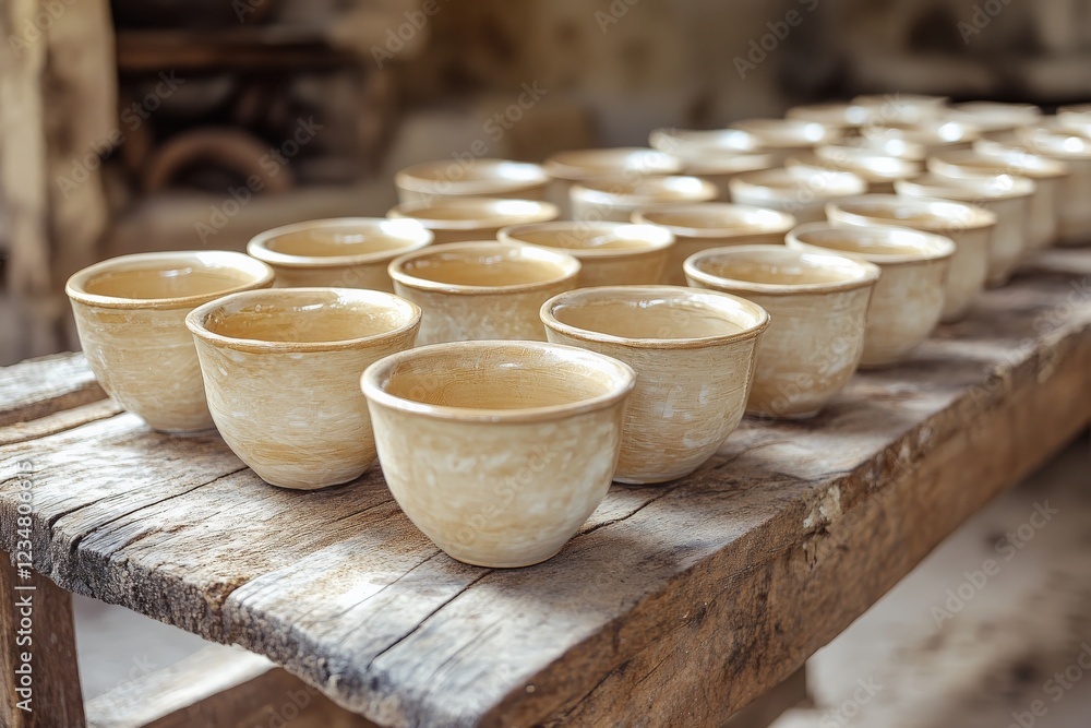 Handmade ceramic cups arranged on a rustic wooden table in a workshop setting during daylight hours Handmade ceramic cups arranged on a rustic wooden table in a workshop setting during daylight hours