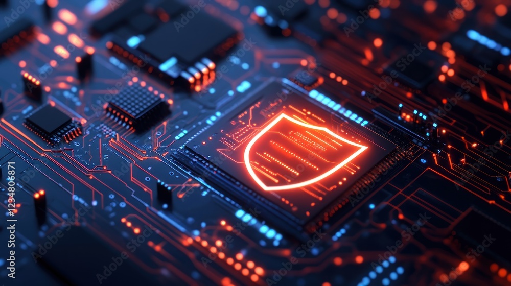 Glowing Shield Symbol on a Circuit Board Glowing Shield Symbol on a Circuit Board