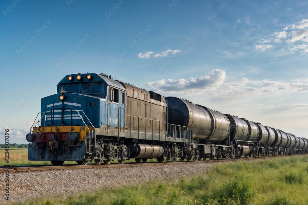 Obraz premium Modern freight train with black tanks with oil travels in the countryside in summer against the backdrop of a blue sky