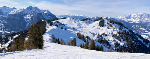 Panorama view of ski slopes at Flachau and St. Johann in Austrian Alps, Snow Space Salzburg, part of Ski Amade skiing area