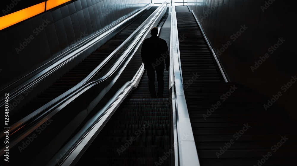 A Silhouetted Figure Ascending an Escalator in a Dark Underpass A Silhouetted Figure Ascending an Escalator in a Dark Underpass