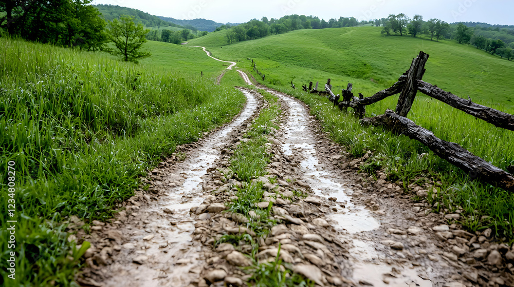 Winding dirt road through green hills, rainy day Winding dirt road through green hills, rainy day
