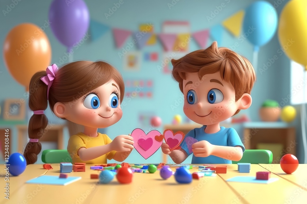 Fototapeta premium Children create colorful heart crafts in a cheerful classroom during a festive celebration