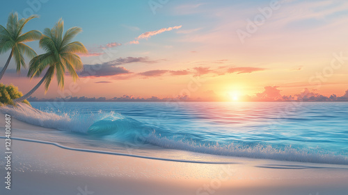 beach scene with a colorful sunset, palm trees, and gentle waves,
