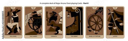 A complete deck of Major Arcana Tarot playing Cards in brown and black colors. Part II. Vector illustration in vintage cartoon minimalism flat style