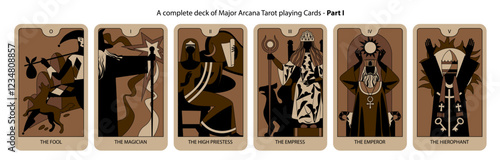 A complete deck of Major Arcana Tarot playing Cards in brown and black colors. Part I. Vector illustration in vintage cartoon minimalism flat style