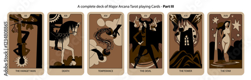 A complete deck of Major Arcana Tarot playing Cards in brown and black colors. Part III. Vector illustration in vintage cartoon minimalism flat style