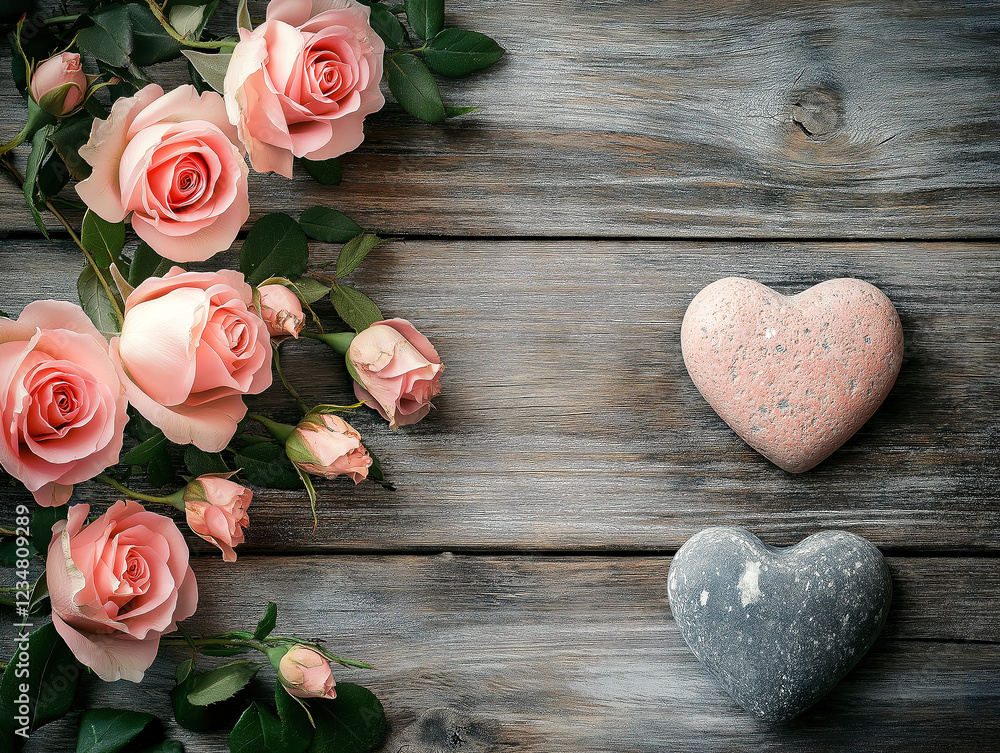 Fototapeta premium Valentine's Day banner with pink roses and a stone heart on wood