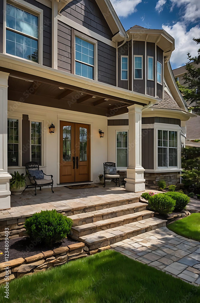 Luxury House Exterior: Modern Home Design with Stone Steps and Landscaping. Beautiful architecture and landscaping details create a stunning curb appeal. Luxury House Exterior: Modern Home Design with Stone Steps and Landscaping. Beautiful architecture and landscaping details create a stunning curb appeal.