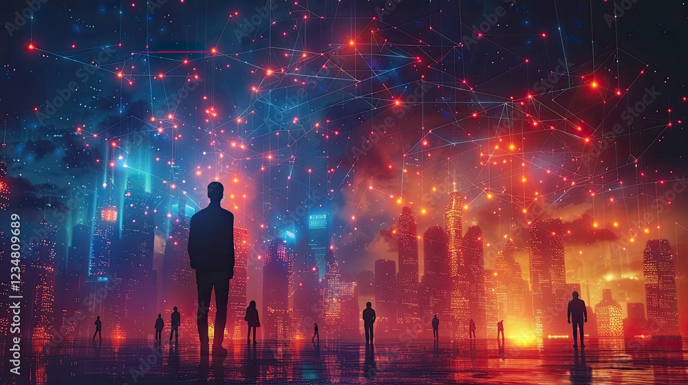 flat design, illustration, A Network of Dreams Entrepreneurs build a collaborative global network. Illustration: Webs of connections, glowing cities flat design, illustration, A Network of Dreams Entrepreneurs build a collaborative global network. Illustration: Webs of connections, glowing cities