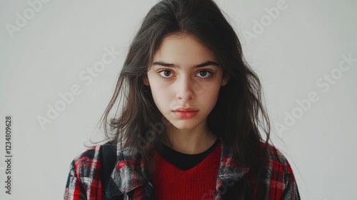 Portrait of a scared young woman on a white background. Harassment concept photo