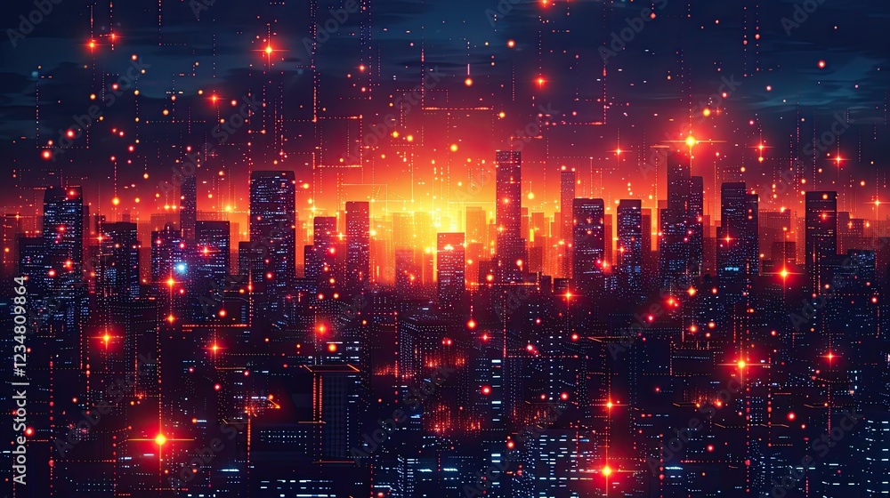 Obraz premium flat design, illustration, A Network of Dreams Entrepreneurs build a collaborative global network. Illustration: Webs of connections, glowing cities