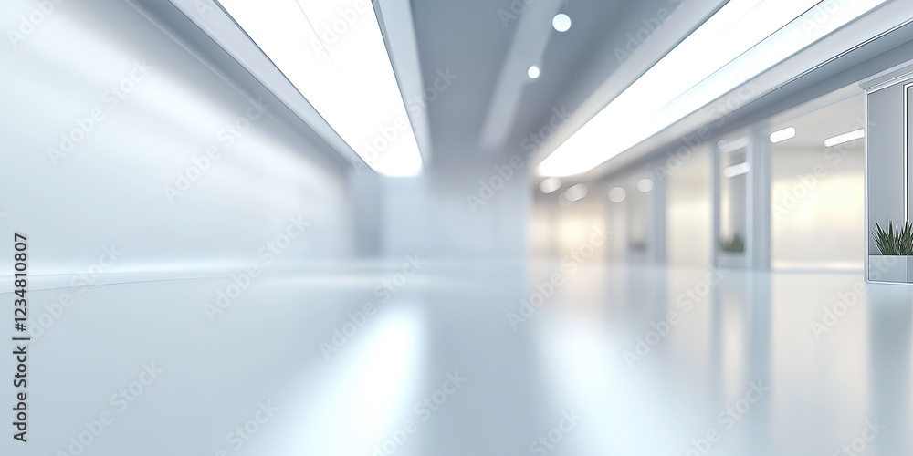Obraz premium Empty space inside futuristic room, showroom, spaceship, hall or studio in perspective. Include ceiling, hidden light, white floor and abstract shape. Modern interior background of future, technology.