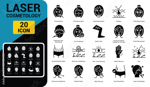 Laser cosmetology icons set vector line, editable stroke, post-acne removal, wart removal, facial peeling, acne treatment, photorejuvenation, skin removal of papillomas, laser cosmetology, epilation 